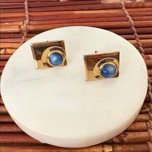 Gold Tone Cuff Links With Blue Cabochon Accent